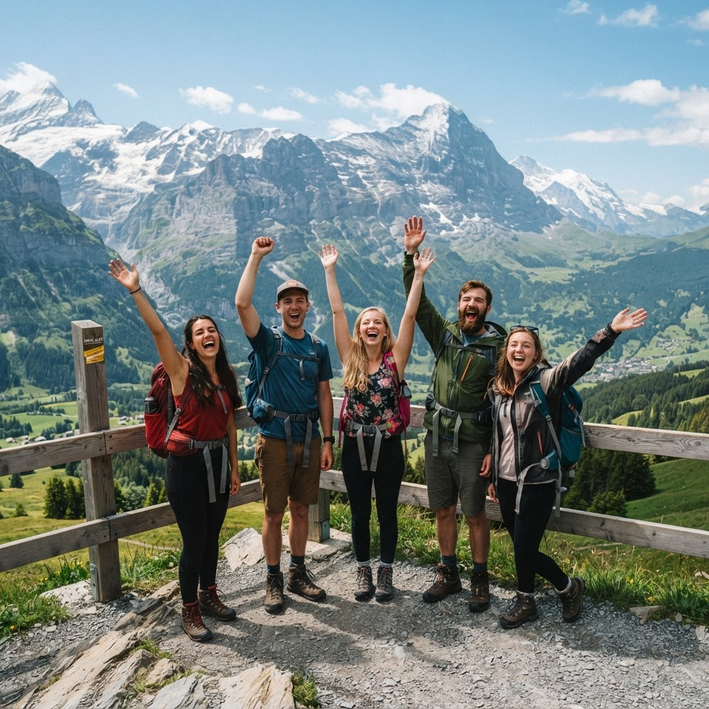 Friends celebrating together at a scenic alpine mountain overlook