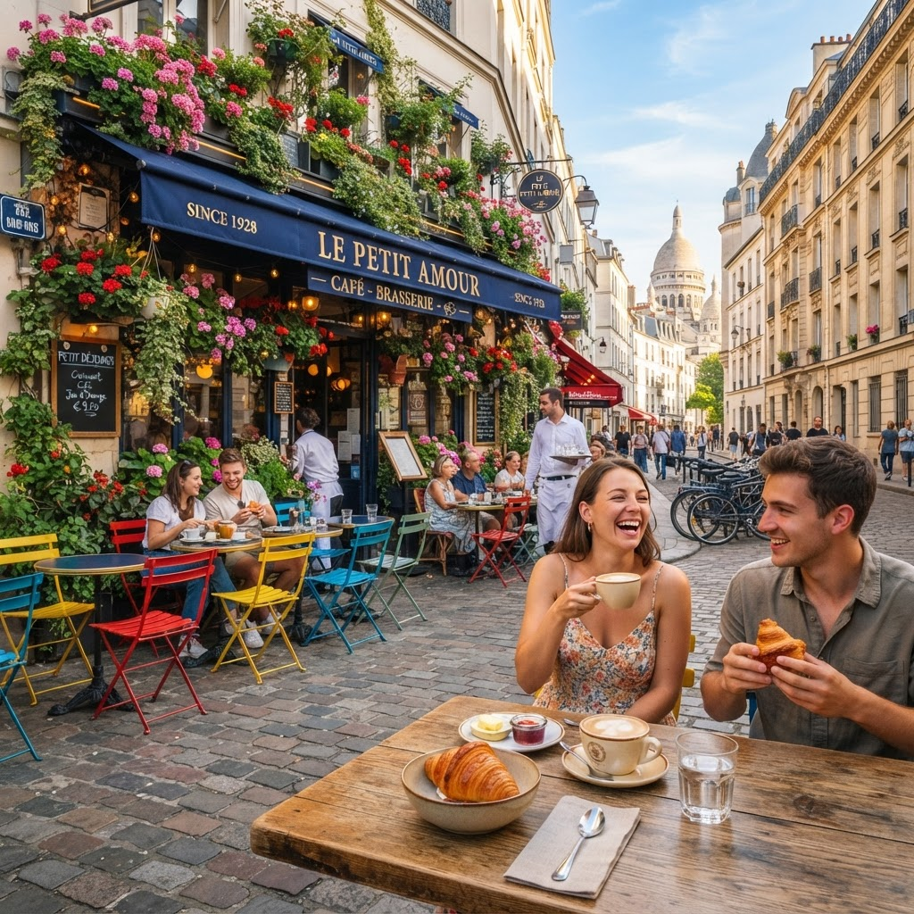 Charming Parisian sidewalk cafe with flowers and bistro chairs