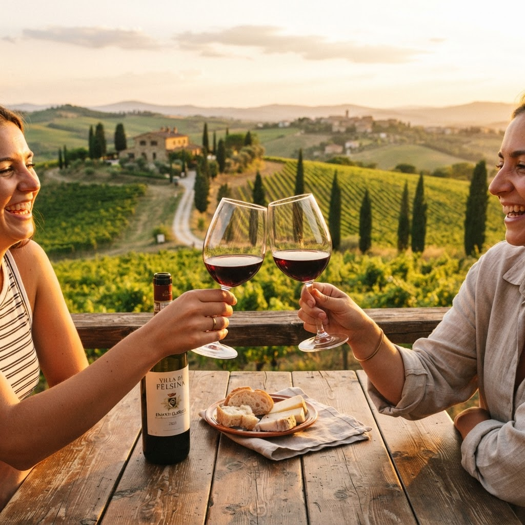 Two glasses of red wine toasting over rolling Tuscan vineyard hills